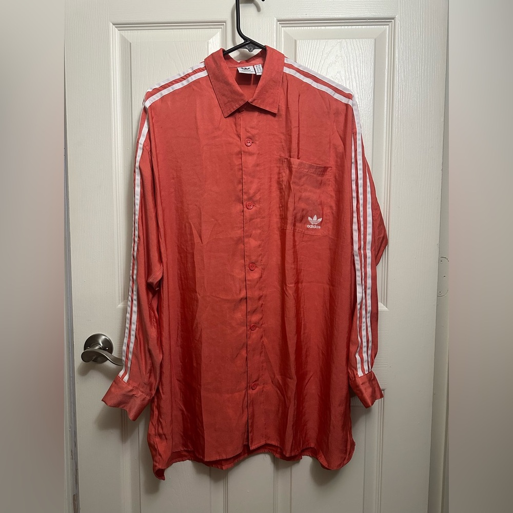 Adidas Originals Women’s Oversized Small Long Sleeve Button Shirt Orange Trefoil